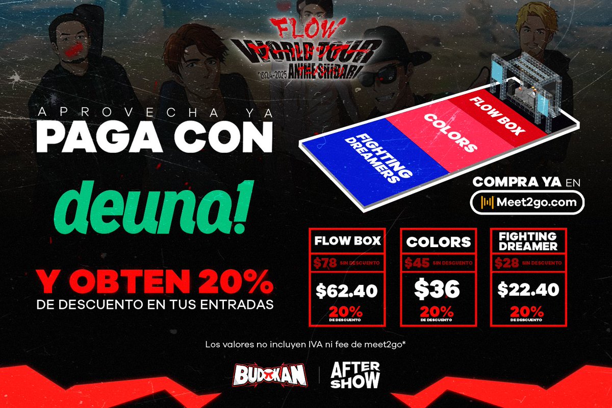 BudokanEC's tweet image. FLOW trae toda la energía de sus mejores temas de animes como Naruto y Dragon Ball al Palacio de Cristal. ⚡️ ¡No te quedes fuera! Asegura tus entradas en la app de @meet2go 🎫
Con el apoyo de:
@aguamana.ec
@rapiditooriental
.
.
.
#FLOWenEcuador #Budokan2024 #anime