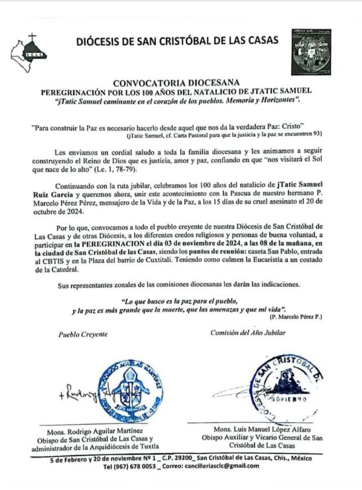 CdhFrayba's tweet photo. #EnAgenda #AcciónPorLaPaz #Chiapas

En el marco de los 100 años del natalicio de jTatik Samuel Ruiz Garcia, y el asesinato del jTatik Marcelo Pérez Pérez, Pueblo Creyente en #Chiapas convoca a la peregrinación el 3 de noviembre de 2024, 8 am., en San Cristóbal de las Casas, https://t.co/XizLA8U15V