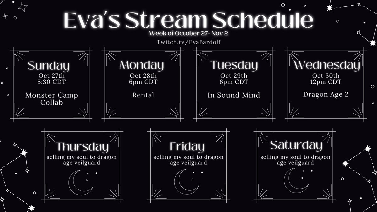last stream week before i disappear to play veilguard!! but it's gonna be a fun week!!! probably. im scared to finish in sound mind
see you guys sunday!!!!
twitch.tv/evabardolf