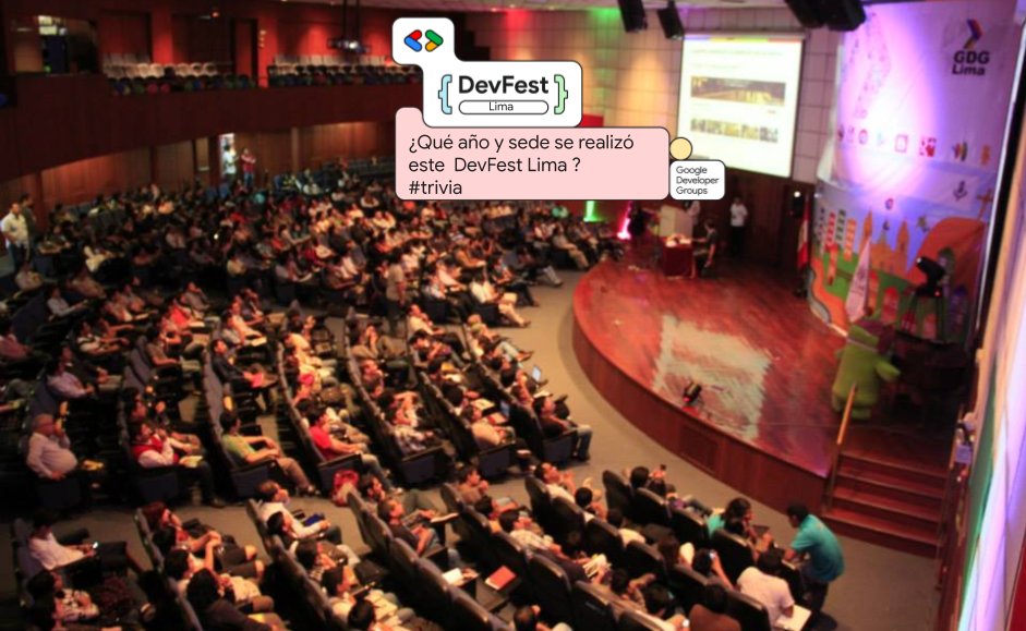 gdglima's tweet photo. Este #DevFestLima reunió a 1,100 personas con invitados internacionales. ¿Sabes el año y sede de este evento? 👀

Revisa la imagen y responde para participar en nuestra trivia. ¡Hay un gran premio esperando! 🏆🍀

#TriviaDevFest #SorteoDevFest #DevFestLima #GDGLima #DevFestLima24 https://t.co/PhOeWqAFLv