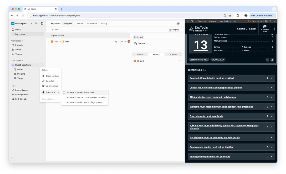 devongovett's tweet image. People often hold up apps like Linear as paragons of software quality. In many ways it's great – fast, pretty design, slick animations, etc.

But the definition of quality should also include accessibility. It's hard to hold up a UI as "high quality" with lots of basic issues.