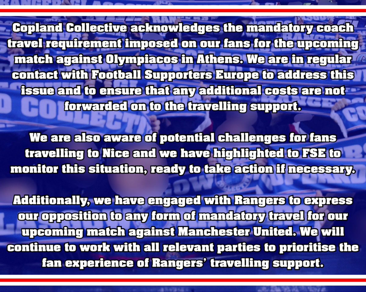 Copland Collective statement on European fixtures for travelling support.