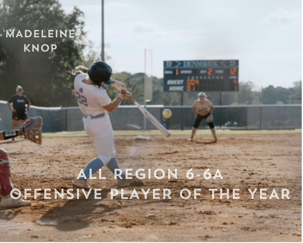 Congrats to Madeleine Knop for being Region 6-6A Offensive Player of the Year. Madeleine another important senior that lead the program to our first Region Championship. Our lead off contributed at a high level hitting .440 with an OBP of .611 with 23 stolen bases! Congrats Mad!!