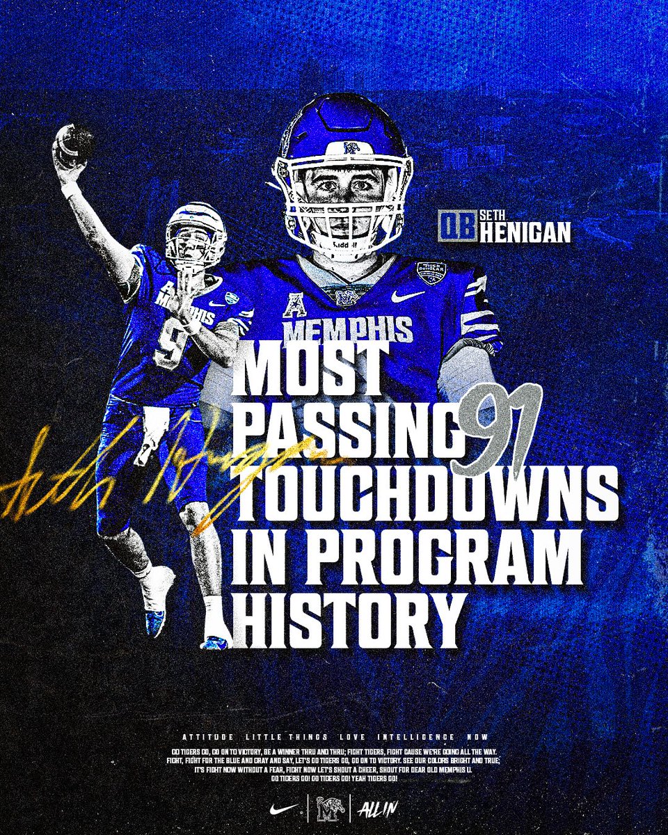 𝗘𝗻𝗱𝘇𝗼𝗻𝗲 𝗞𝗶𝗻𝗴 👑

<a href="/seth_henigan/">Seth Henigan</a> has now thrown for the most touchdowns ever in Memphis history.

#ALLIN | #GoTigersGo