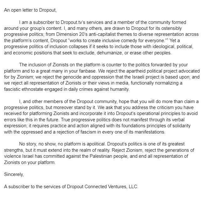 larsvandenchomp's tweet photo. Fun fact: @dropout has press and inquiry emails listed at https://t.co/QYU9bFNvjv, and you can email them about platforming Zionists. Just saying this so we don't collectively flood their inboxes. That would be horrible. https://t.co/M3l9lOpEGm