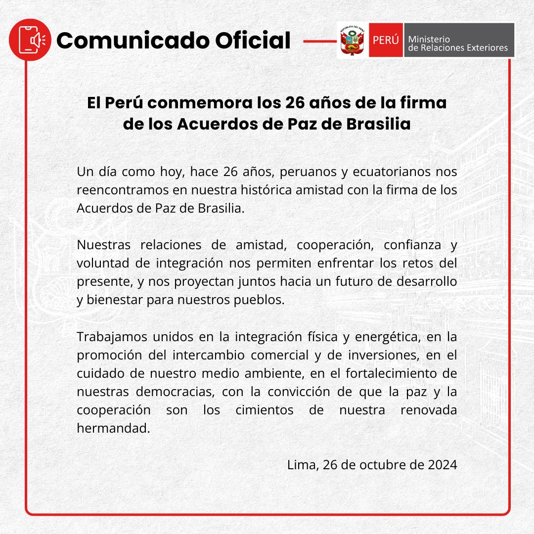 📄 Comunicado Oficial N° 044- 24: El Perú conmemora los 26 años de la firma de los Acuerdos de Paz de Brasilia.

👉 gob.pe/es/n/1047155