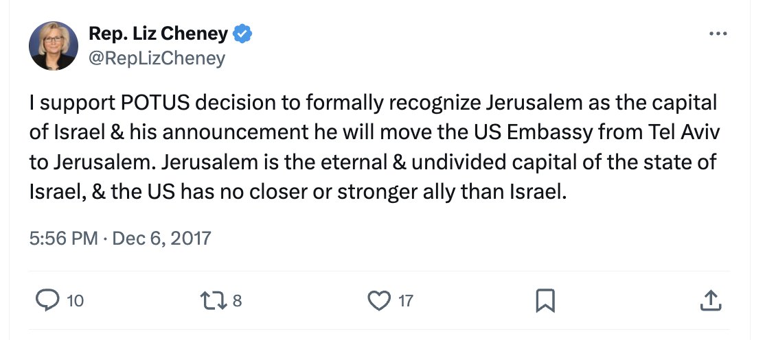 mtracey's tweet photo. Liz Cheney was one of the biggest proponents of Trump's Middle East policy. Whether it was Israel or Iran, Liz was always right there, loyally cheering on Trump. This entire phony Trump/Cheney conflict is taking place in a parallel universe, bereft of any actual policy https://t.co/fWH33acAtm