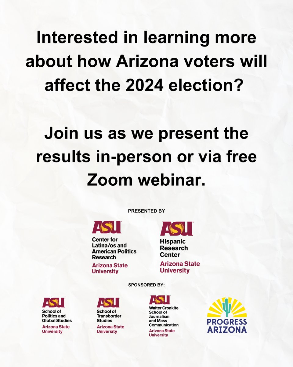 HRC_ASU's tweet photo. Join us in #Phoenix on Tuesday,October 29. HRC director Stella Rouse and @asu_clapr co-director Francisco Pedraza will present poll results on Arizona voters compared to national polls.Register to attend in-person or for our free webinar in our bio!#ASU #CLAPR #Election #AZVoters https://t.co/3HzmMEVZ8D