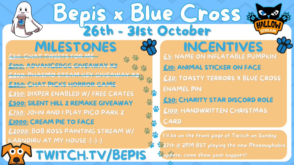 Morning friends! I can't believe it's almost time to try out the Halloween update for <a href="/PlayPhasmo/">Phasmophobia</a>!💖

I'm live at 12 PM to showcase it and also to raise money for <a href="/The_Blue_Cross/">Blue Cross UK</a>.💙

<a href="/tiltify/">Tiltify</a> <a href="/ToastyTerrorsTV/">Toasty Terrors 👻 Cosy Horror Team</a> <a href="/evergreen_ttv/">🌲evergreen</a>