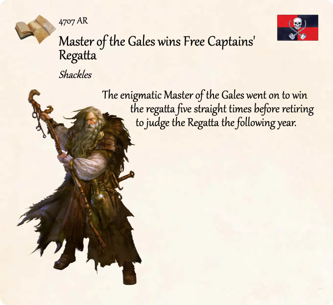 GolarionToday's tweet photo. 4707 AR: Master of the Gales wins Free Captains' Regatta
#Shackles #MasterOfTheGales #FreeCaptain #4707AR
https://t.co/Pi5wFgsIqU
The enigmatic Master of the Gales went on to win the regatta five straight times before retiring to judge the Regatta the following year. https://t.co/YyhzbV8quK