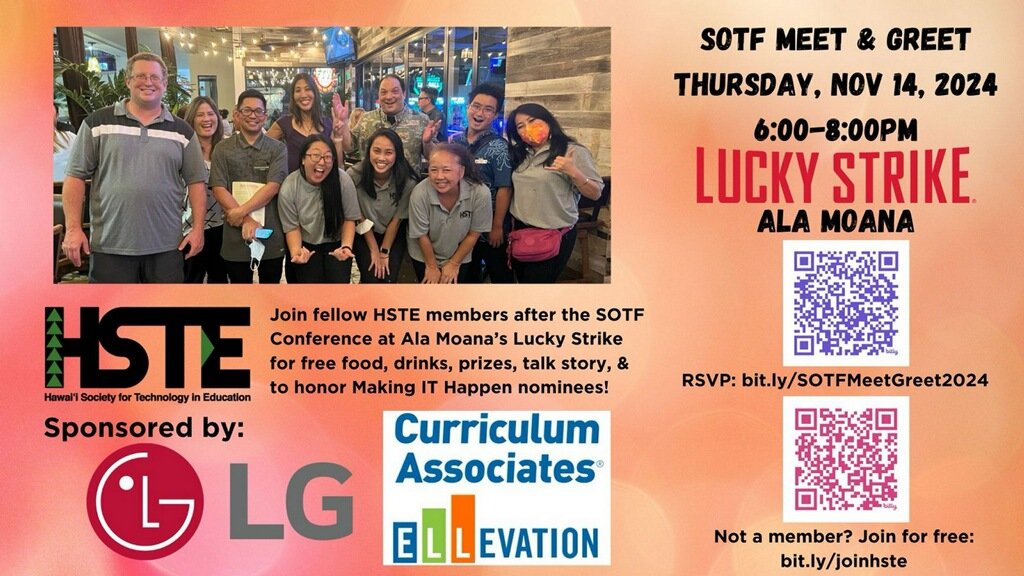 Attending <a href="/SOTFCONF/">Schools of the Future Conference</a>? Join the fun on Day 1!
Free edu networking event sponsored by LG and Curriculum Associates ELLEVATION, hosted by HSTE. RSVP now bit.ly/SOTFMeetGreet2…. Attendees must be HSTE members &amp; can join for free at bit.ly/joinhste. 
Hope to see you there!