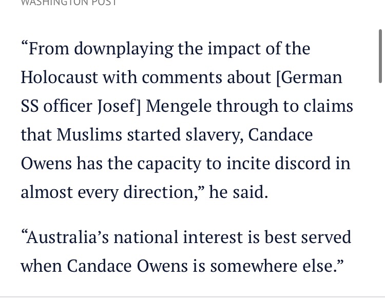 GabeHoff's tweet photo. BREAKING: 

Australia CANCELS visa of notorious antisemite Candace Owens, banning her from entering the country for her planned speaking tour in November.

“Australia’s national interest is best served when Candace Owens is somewhere else.” - Immigration Minister Tony Burke https://t.co/OEPngvZH5u