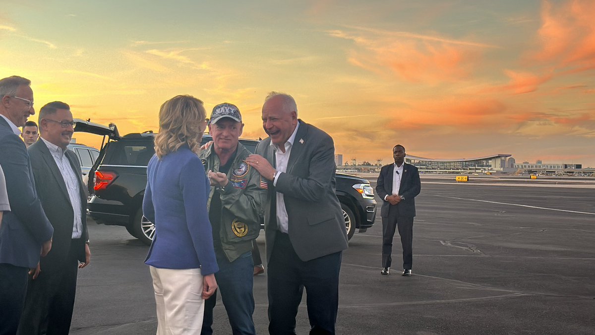 kekoretski's tweet image. Walz was greeted by @GabbyGiffords tonight at his arrival in Phoenix. 

Her husband @SenMarkKelly rode from Window Rock to Phoenix following the rally in Navajo Nation