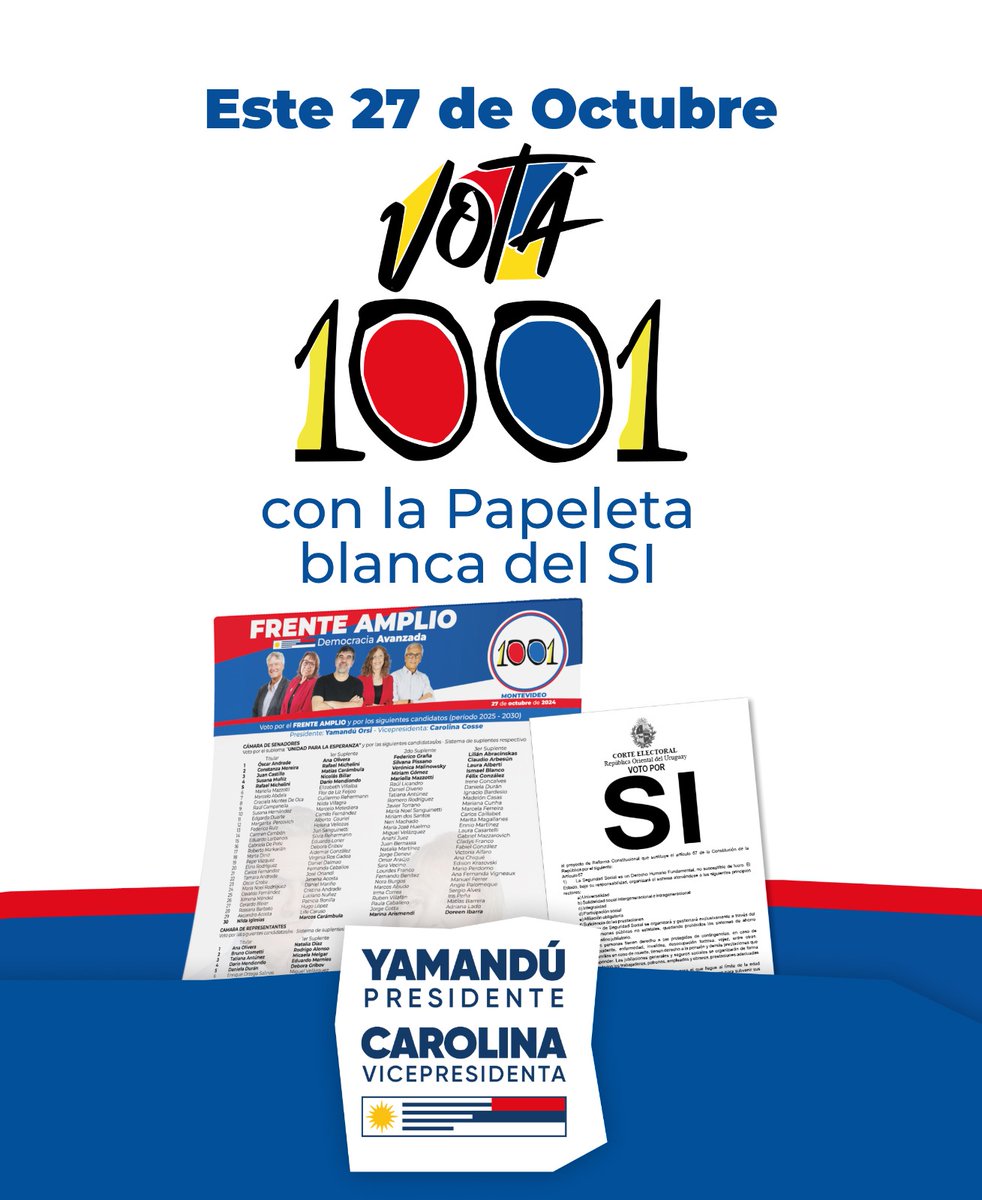 Este es un esfuerzo de unidad, para la victoria popular, para la esperanza. 
Porque el mejor camino es el de la vida, y ese requiere compañeros. 🫶🏽

Sumate vos también · el 27/10 votá 1001🔴🔵⚪
La esperanza para avanzar
Frente Amplio 🇺🇾