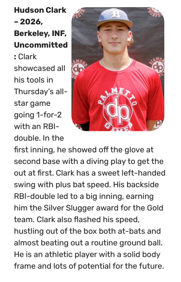 Huddyclark2's tweet photo. Thank you @diamondprospect for the write up and great event! I had fun playing with and against some of the best talent in the state. Won the silver slugger award for the 2nd year in a row!
@stags_baseball @DiamondDevilsBB @PTA_Pinnacle https://t.co/Hk1ZleUcft
