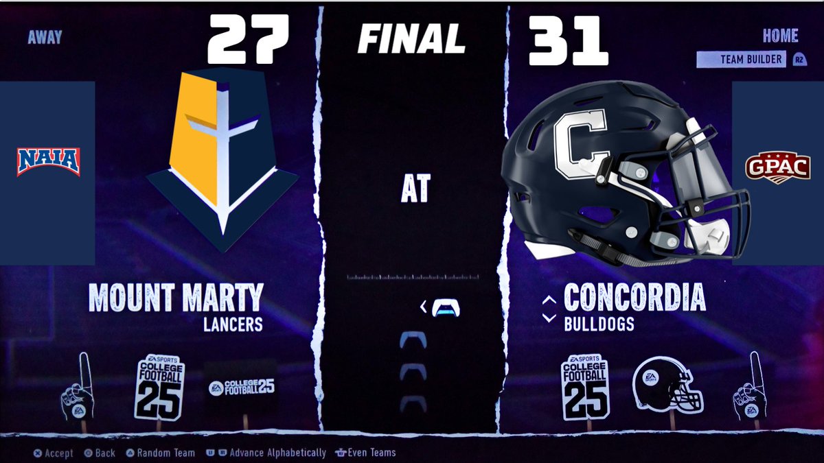 Concordia Bulldogs (@cunebulldogs) on Twitter photo ๐ | FINAL: <a href="/CUNEFootball/">CUNE Football</a> 31, Mount Marty 27 (Seward, NE). #RTB! ๐
CUNE improves to 6-2 for the first time since 2013!
McGarvie: 26/35, 244 yds, 3 TD | Arp: 29 rushes, 183 yds, TD | Van Cleave: 9 catches, 82 yds, TD | Sterup: 4 tfl's | Henson/Huss: int apiece. ๐ | FINAL: <a href="/CUNEFootball/">CUNE Football</a> 31, Mount Marty 27 (Seward, NE). #RTB! ๐
CUNE improves to 6-2 for the first time since 2013!
McGarvie: 26/35, 244 yds, 3 TD | Arp: 29 rushes, 183 yds, TD | Van Cleave: 9 catches, 82 yds, TD | Sterup: 4 tfl's | Henson/Huss: int apiece.