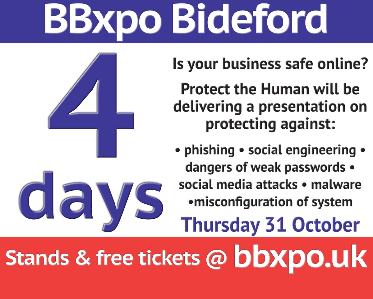 BBxpo's tweet photo. Protect the Human's presentation at @bbxpo on will help your business understand online risks including:

• phishing
• social engineering
• dangers of weak passwords
• social media attacks
• misconfiguration of system
• malware

https://t.co/uT7HVx5p4V https://t.co/rWQXtF73eg