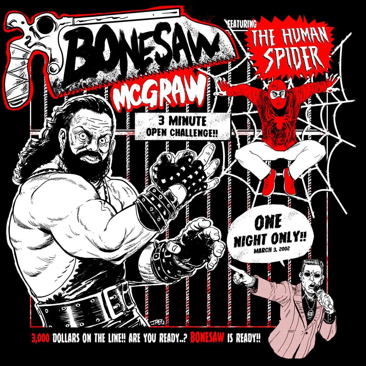 Jpegolden's tweet photo. You can win this little illustration if you order the legally dissimilar Saw vs Spider wrestling shirt! 3XL has just been added! https://t.co/69JCsBTVJ5