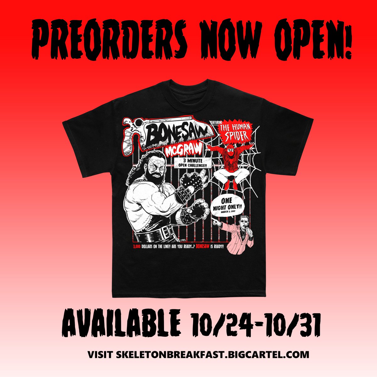 Jpegolden's tweet photo. You can win this little illustration if you order the legally dissimilar Saw vs Spider wrestling shirt! 3XL has just been added! https://t.co/69JCsBTVJ5
