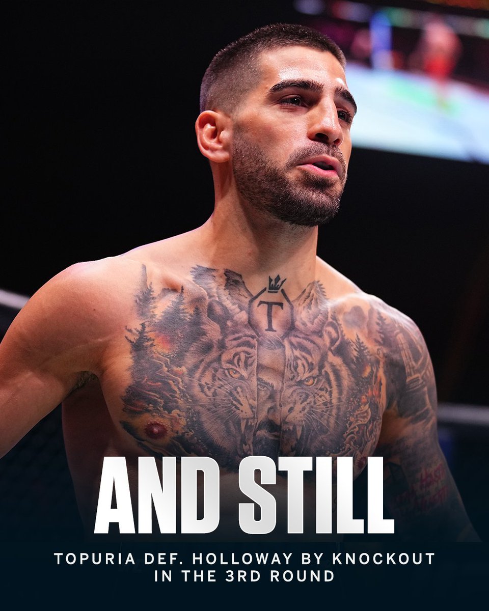 ESPNBET's tweet photo. AND STILL. WHAT A FIGHT. TOPURIA KNOCKS OUT MAX HOLLOWAY!!!! 🤯

✅ I. Topuria ML -275 https://t.co/DK08tl53JE