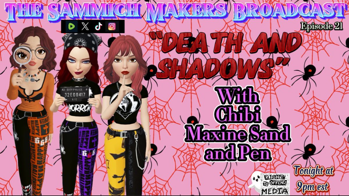 Join Chibi, Maxine and Pen together again as they get into true crime with creepy and paranormal twists, tonight on, The Sammich Makers Broadcast! 9pm est on Rumble! Link in bio! <a href="/ChibiRhiRhi/">Rhi</a> <a href="/BlameMaxSand/">Max Sand</a>