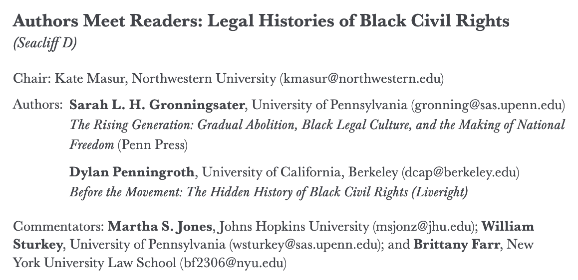 Karen Tani (@kmtani.bsky.social) (@kmtani) on Twitter photo I started off #ASLH2024 this morning at a terrific authors-meets-readers panel, feat. authors Dylan Penningroth (<a href="/BerkeleyLaw/">UC Berkeley Law</a>/<a href="/UCBHistory/">UC Berkeley History</a>) & Sarah Gronningsater (<a href="/PennHistory/">Penn History</a>); comments by <a href="/marthasjones_/">Martha S. Jones</a>, <a href="/william_sturkey/">William Sturkey</a>, Britney Farr; chaired by <a href="/katemasur/">Kate Masur</a>. (1/3) I started off #ASLH2024 this morning at a terrific authors-meets-readers panel, feat. authors Dylan Penningroth (<a href="/BerkeleyLaw/">UC Berkeley Law</a>/<a href="/UCBHistory/">UC Berkeley History</a>) & Sarah Gronningsater (<a href="/PennHistory/">Penn History</a>); comments by <a href="/marthasjones_/">Martha S. Jones</a>, <a href="/william_sturkey/">William Sturkey</a>, Britney Farr; chaired by <a href="/katemasur/">Kate Masur</a>. (1/3)