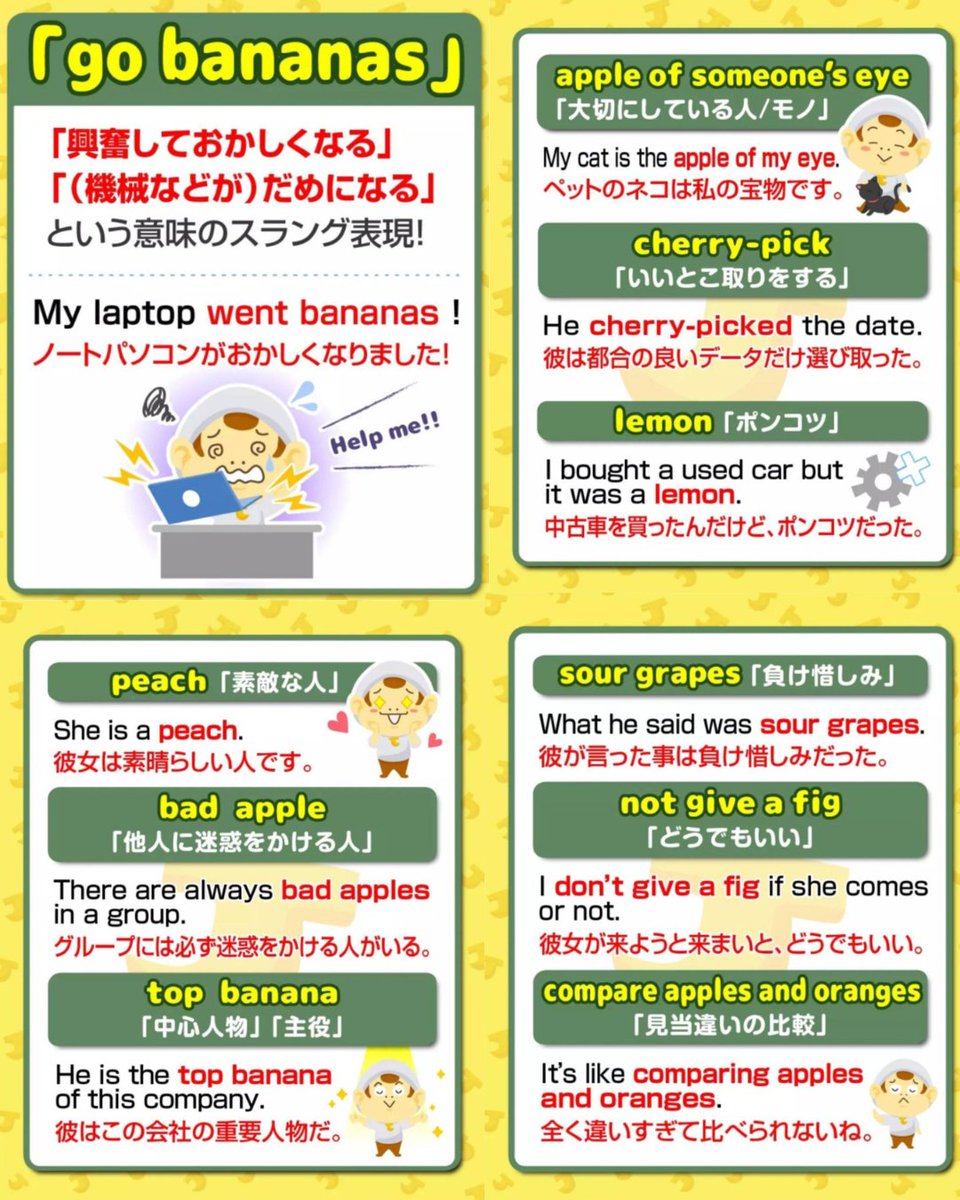 休日に楽しみながら英語を勉強したい人へ、サラッと言えたらガチでかっこいい『フルーツを使った英語スラング10選』をまとめました。好きなフルーツの慣用句を覚えて今日から使ってみよう！留学なし独学で英検1級・TOEIC970点とって英語ペラペラになれたヒミツは、固定  ...