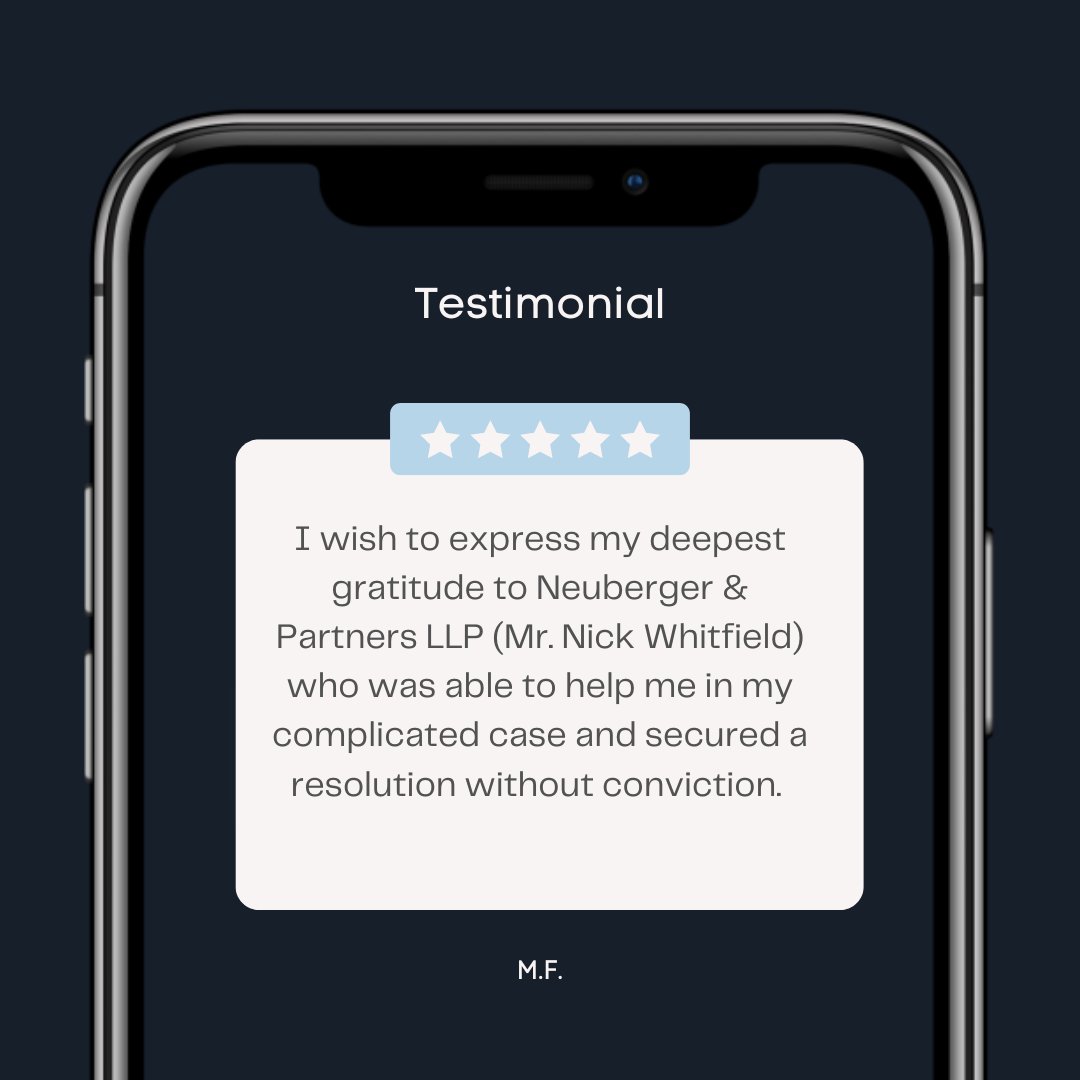 NeubergerLaw's tweet photo. Thank you, M.F., for your review. We're so proud that Nick Whitfield, who specializes in #criminallitigation, was able to secure a resolution without a conviction.
At #NeubergerandPartners, we protect your rights and your future. https://t.co/HSusRoCkbC