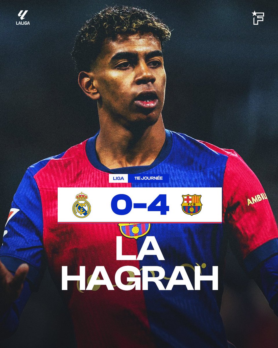 Le FC Barcelone HAGAR le Real Madrid au Santiago 
Bernabeu pour ce Clasico grâce à un doublé de Robert Lewandowski, un calma de Lamine Yamal et un magique Raphinha. 🥶💙❤️

> Le résumé du match : bit.ly/40lRukB