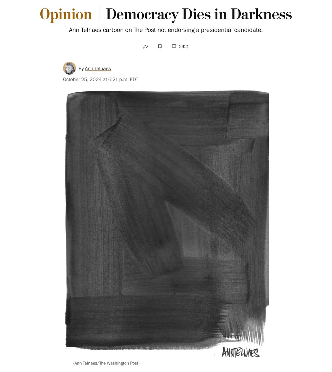 My friend <a href="/AnnTelnaes/">Ann Telnaes</a> once again proves herself to  be  a beacon of U.S. editorial cartooning. Here’s her reaction to The Washington Post's decision not to endorse a presidential candidate —a directive from its owner,  tech  billionaire  Jeff Bezos. 👇