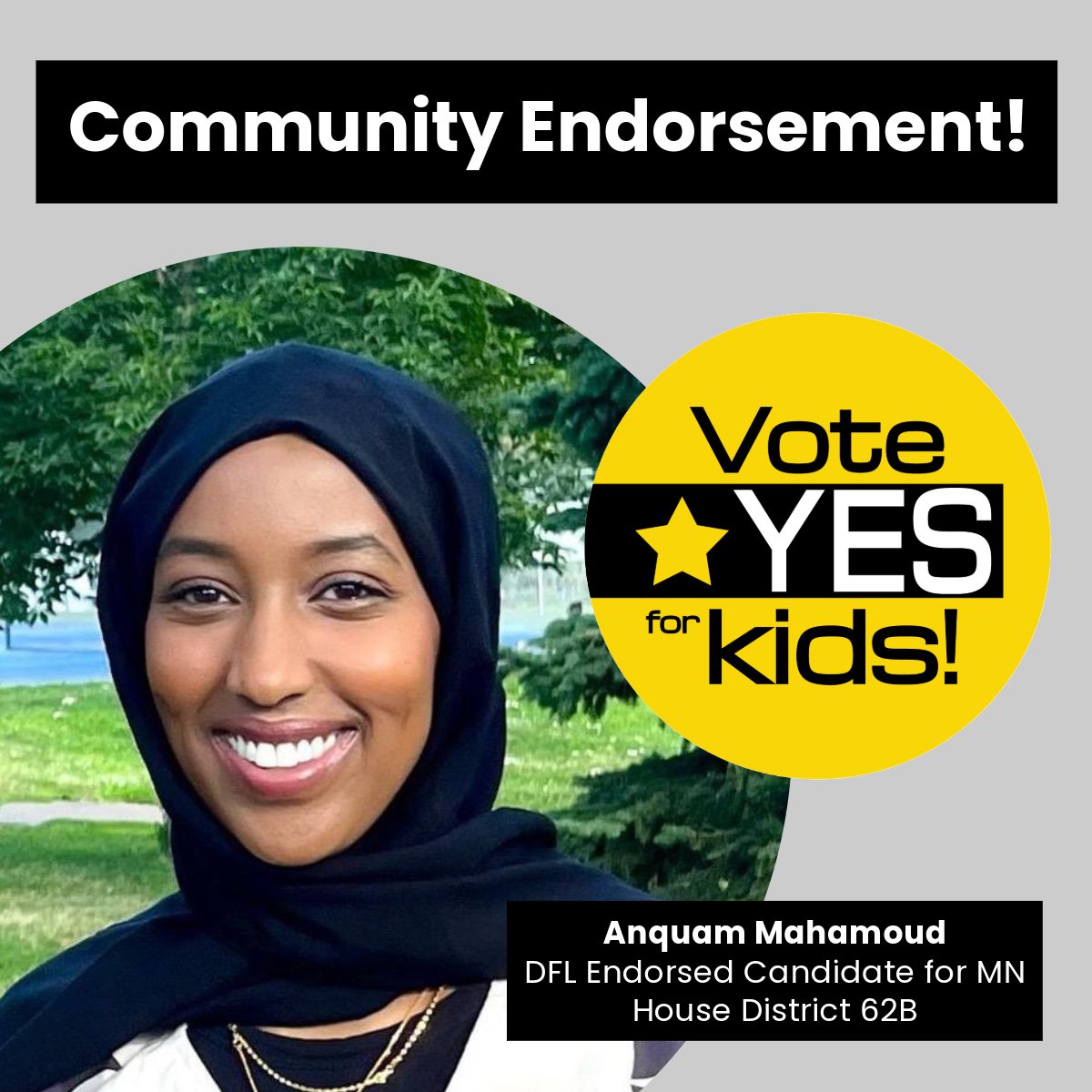 Yes4MPLSKids's tweet image. We’re honored to have the support of MN House candidate @anquam62B!
Vote Yes for Kids is the DFL and Labor endorsed campaign in support of the MPS ballot question this election. Learn more and join us: yesformplskids.org.