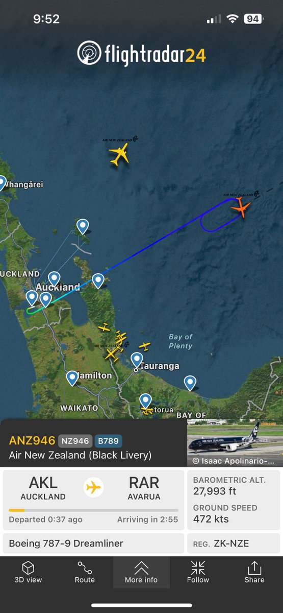 NZ946 in hold pattern off NZ.  <a href="/flightradar24/">Flightradar24</a>