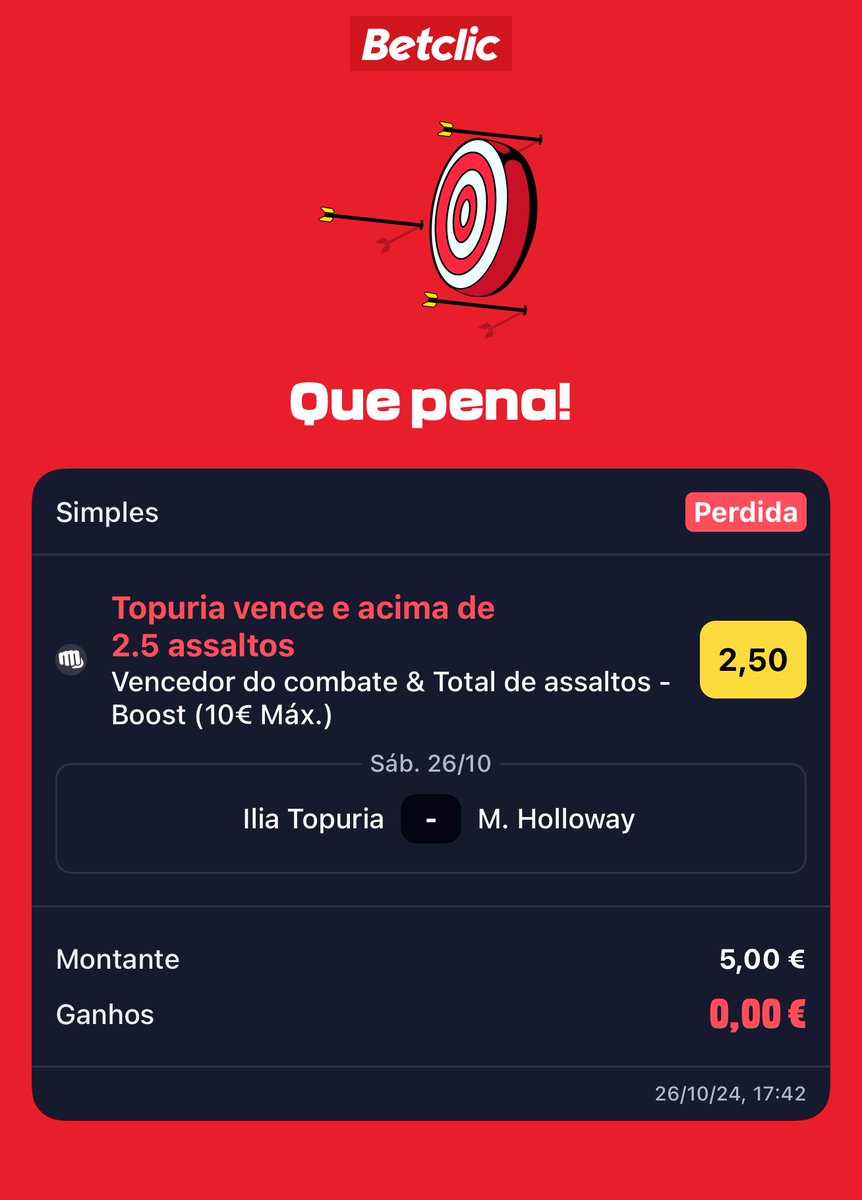 Como assim Betclic??
Ganhou no Terceiro assalto por KO e perco a aposta?