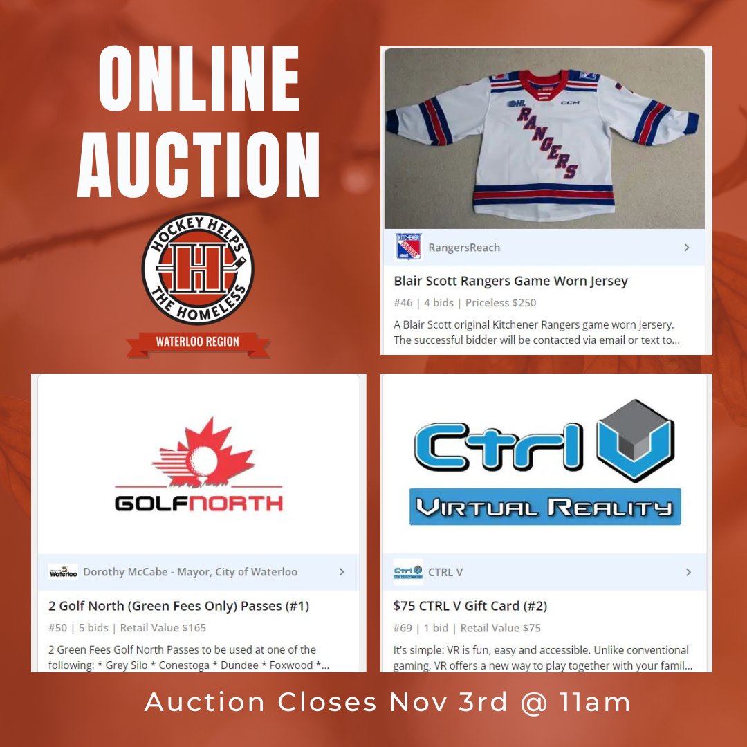 Our tournament is over but our online auction is still going. Over 100 items to bid on including:

- Kitchener Rangers Blair Scott Game Worn Jersey
- Golf North Passes
- CTRL V Virtual Reality Arcade Gift Cards

Check out all of the items: trellis.org/hhth-waterloo-…