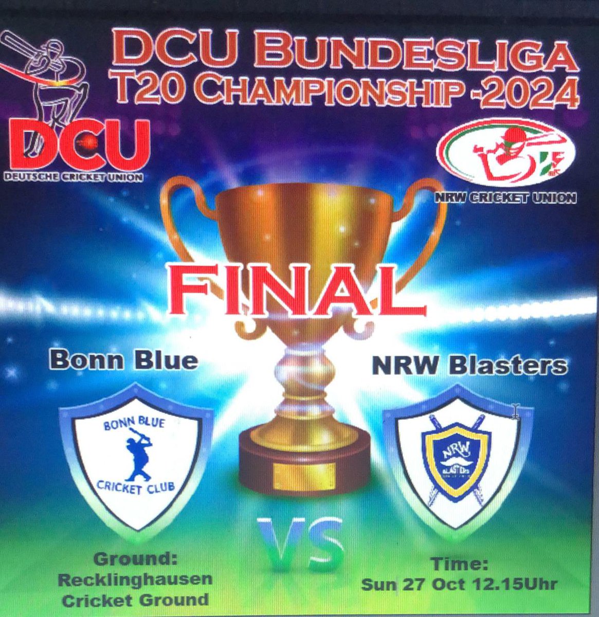 DCricketUnion's tweet image. 🏆 DCU Bundesliga T20 Championship Finals The grand finale is here! Join us tomorrow @Recklinghausen for the thrilling showdown between Bonn Blue e.V. and NRW Blasters.
#deutsche-cricket-union.de