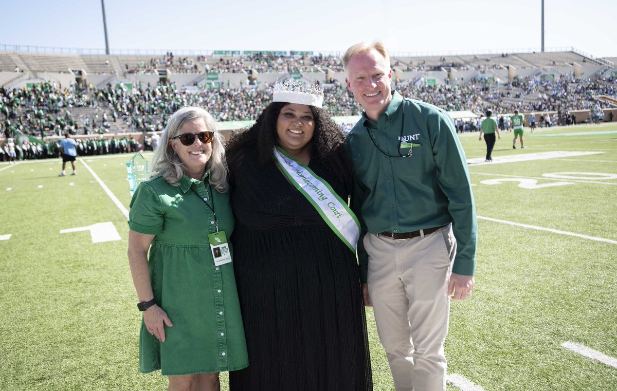 Dr. Elizabeth With and Dr. Keller pose with the 2024 UNT Homecoming Court winner. 