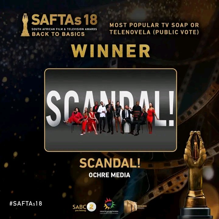 Indaba365's tweet photo. #SAFTAs | 🎊 The people's choice! Congratulations to Scandal! by Ochre Media for winning Most Popular TV Soap or Telenovela (Public Vote) at #SAFTAs18! 🏆📺 #BackToBasics https://t.co/w31zEiDkHE