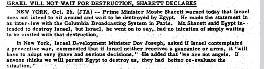 OnThisDayIsrael's tweet image. Israel's Prime Minister warns "Israel does not intend to sit around and wait to be destroyed." Guess some things in Israeli policy don't change too much! Flashback almost 70 years...#OnThisDay in 1955: @JTANews reporting  #Israel #DefendingIsrael @IsraeliPM