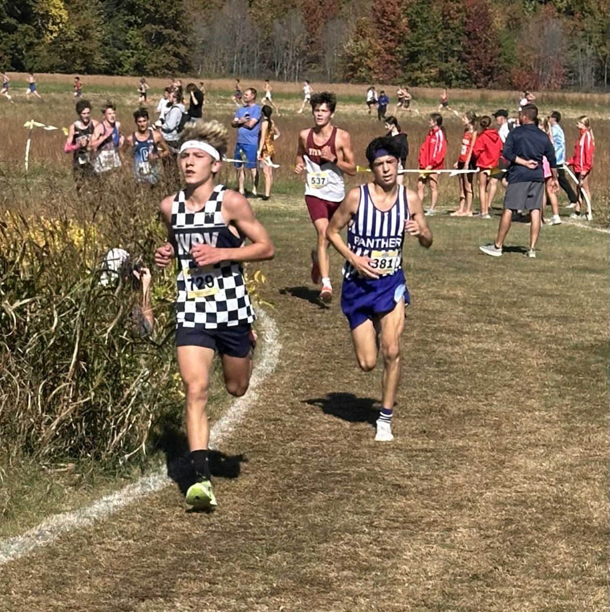 WRV_XC's tweet photo. Jake and Landon in action in the @IHSAA1 regional at Angel Mounds this morning. @WRVwolverines https://t.co/y4ISXunzHS