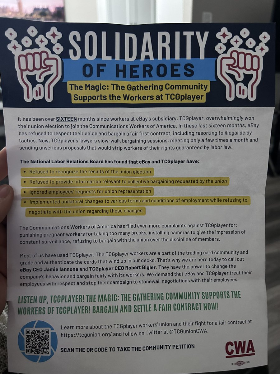 If you’re at #magicconvegas , go out the entrance, turn left by the parking lot, there are people wearing red. Please go talk to them. They are the TCG player union and they are getting SCREWED after bad faith negations went south.