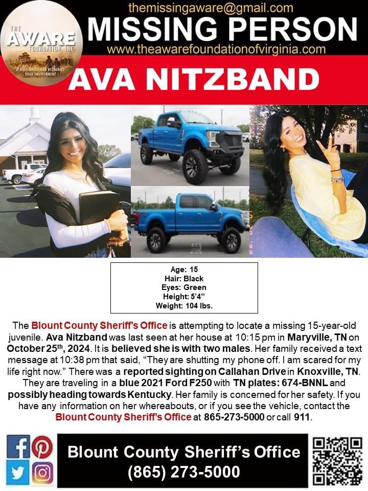 901Lulu's tweet photo. Ava Nitzband (15) went missing on October 25th from Maryville, TN. It is believed that she is with two males. Her family last received a message saying she was scared for her life. There was a reported sighting on Callahan Drive in Knoxville, TN. #MissingPerson #BOLO https://t.co/QfuyChehFS