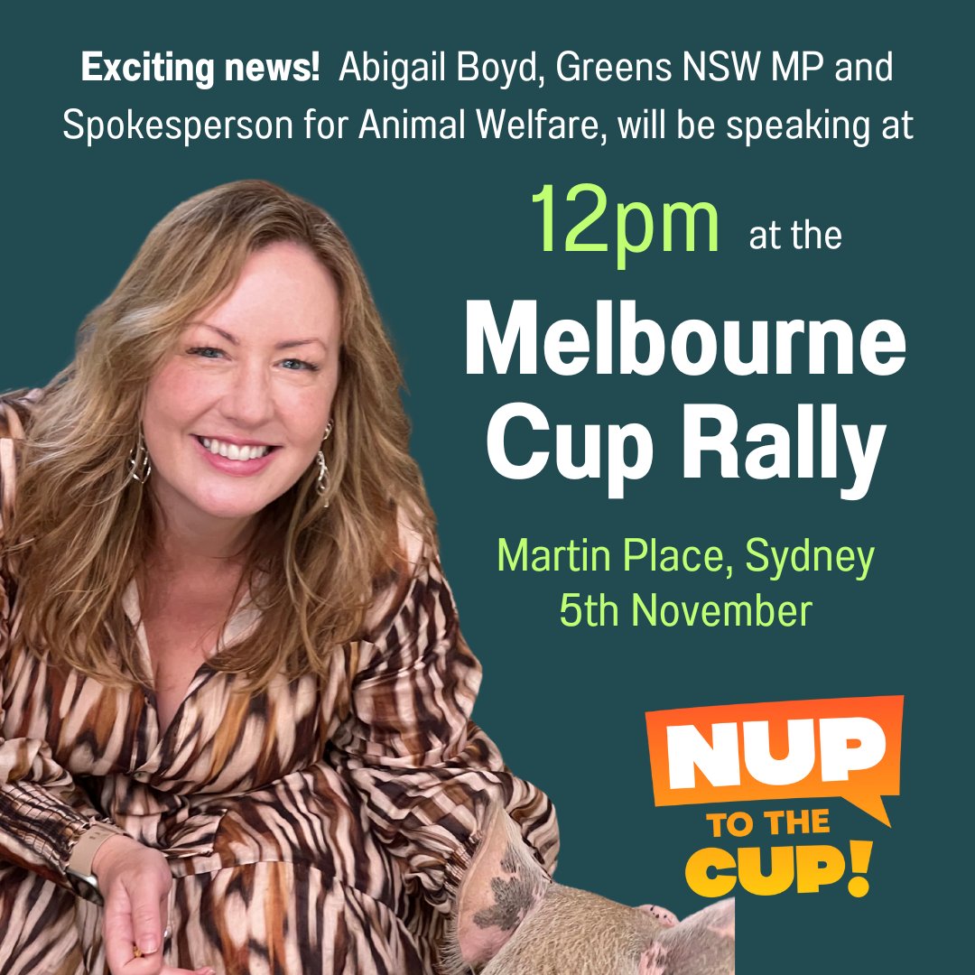 We are super excited to announce that the amazing animal rights advocate Abigail Boyd will be joining us at the #nuptothecup  Melbourne Cup Rally at Martin Place, Sydney on 5th November! 
RSVP here: facebook.com/share/iFyoShrp…