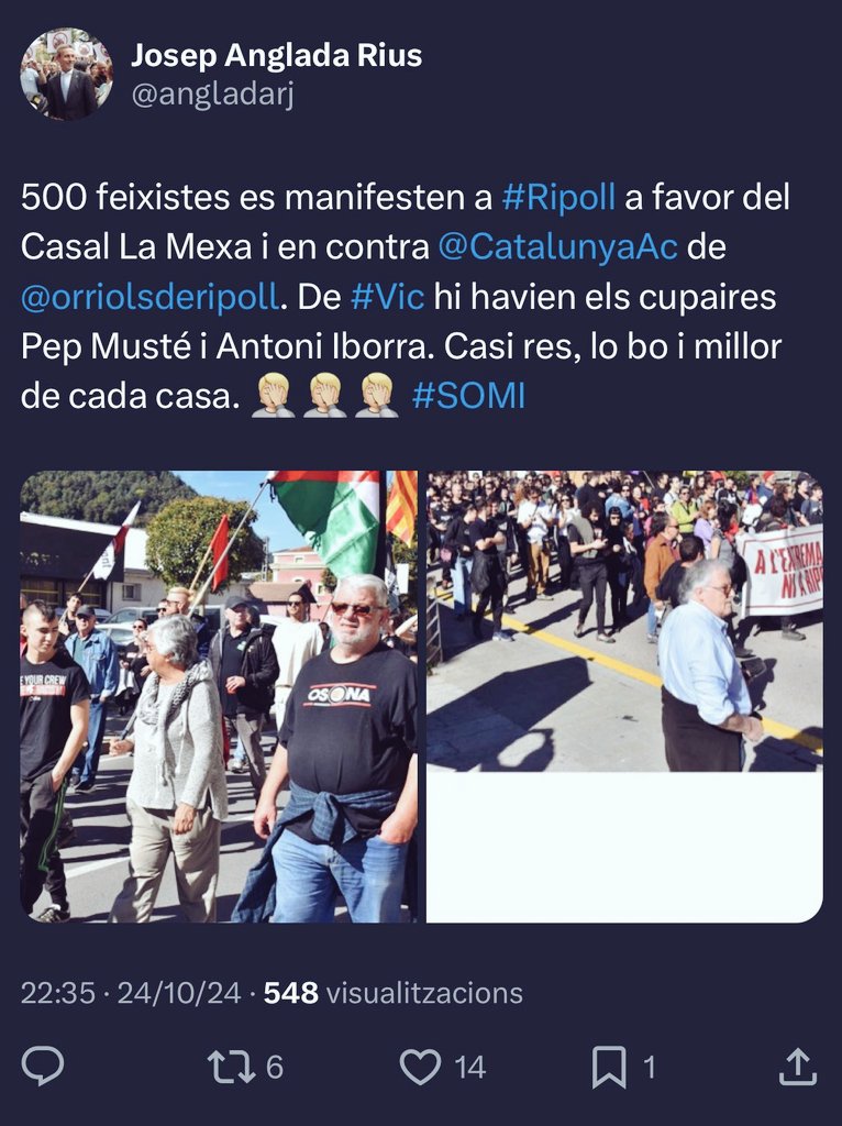ViaMark_'s tweet image. Josep Anglada,el feixista ets tu i ets un grant racista xenofob vaia igual que aquesta tal Orriols es cla sou tal para cual he feixista, Josep Anglada lo pitjo que té Vic @angladarj 
Anglada - Orriols = Dictadors feixistes 
#ForaFeixistes #ForaAC #ForaAnglada 
#Catalunya ||*||