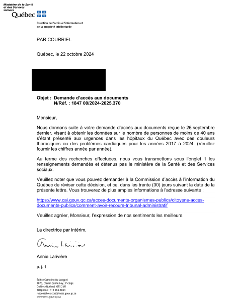 nubivagus's tweet photo. Une personne que je connais m’a transmise la réponse qu’elle a reçue d’une demande d’accès à l’information du MSSS.

Les données demandées :
Le nombre de personnes de moins de 40 ans se présentant aux urgences dans les hôpitaux du Québec avec des douleurs thoraciques ou des problèmes cardiaques pour les années 2017 à 2024 (Veuillez fournir les chiffres année par année).

Réponse reçue (annuel du 1er avril au 31 mars) :
2017-2018 : 54 255
2018-2019 : 56 456
2019-2020 : 56 350
2020-2021 : 48 349
2021-2022 : 63 557
2022-2023 : 60 946
2023-2024 : 61 714

Il y a bien une bonne progression du 1er avril 2021 au 31 mars 2022. Pour rappel, ce fut le déploiement des injections dans la population générale, en fonction des groupes d’âge dès le début de cette période.

Merci de partager !