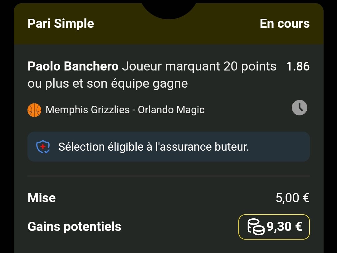 Mika_Pronos's tweet photo. BK Octobre to Noël
BK : 35,10€

#NBA 🏀🇺🇸
🏟️ Grizzlies vs Magic
⭐ Banchero 20 pts et Magic win
↪️ Cote a 1.86
💰 Mise : 5€

On reprend de plus belles après une pause de quelques jours sur le perso

Rt et ❤️ 

#TeamParieur #TeamNBA https://t.co/bZKFEIeEPt