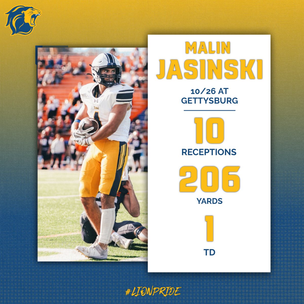Back from the Battlefield with a shootout win! 🟡⚪️🦁
Jayson Schmidt ran for 247 yards and tied a @tcnjfootball record with 4️⃣ rushing TDs, and Malin Jasinski put up another monster effort with 200-plus receiving yards to lead the Lions to a win !!

#WGF | #BeBetter | #LionPride