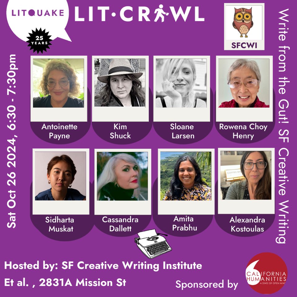 Coming up tonight! SF Creative Writing Institute features Write from the Gut! At the LitCrawl. Come find us at 6:30pm tonight at et. al gallery at Mission &amp; 24th Streets. Stellar lineup of writers will perform their work aloud.