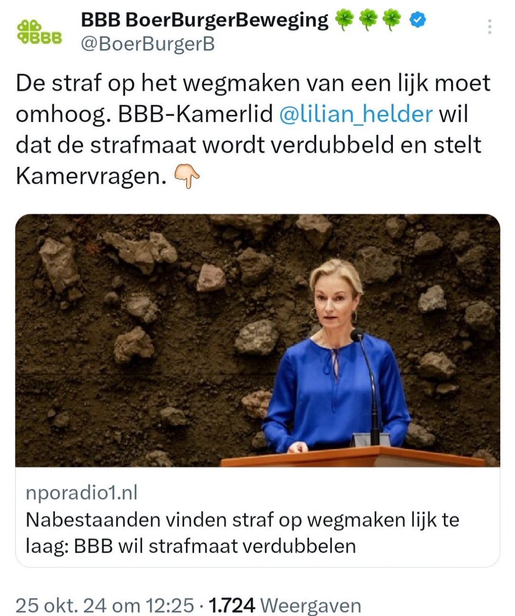 BBB-kamerlid Helder, hiervoor PVV (BBB is de boerenPVV) kaart hier een ernstig feit aan.
Het wegmaken van een lijk.
Enkele gevallen per jaar. Hooguit.
Tijd voor een weggemaaktelijkencrisis.