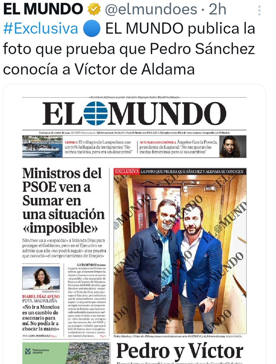 Silvia33domin's tweet photo. Exclusiva del In-Mundo 

Pedro Sánchez y Aldama se conocían, hay una foto 

Será por fotos en el PP, solo dos ejemplos 
Rajoy con el Cachopo, un asesino que mató y descuartizó a su mujer 

Feijóo con Marcial Dorado narcotraficante https://t.co/Afno9yEyx7