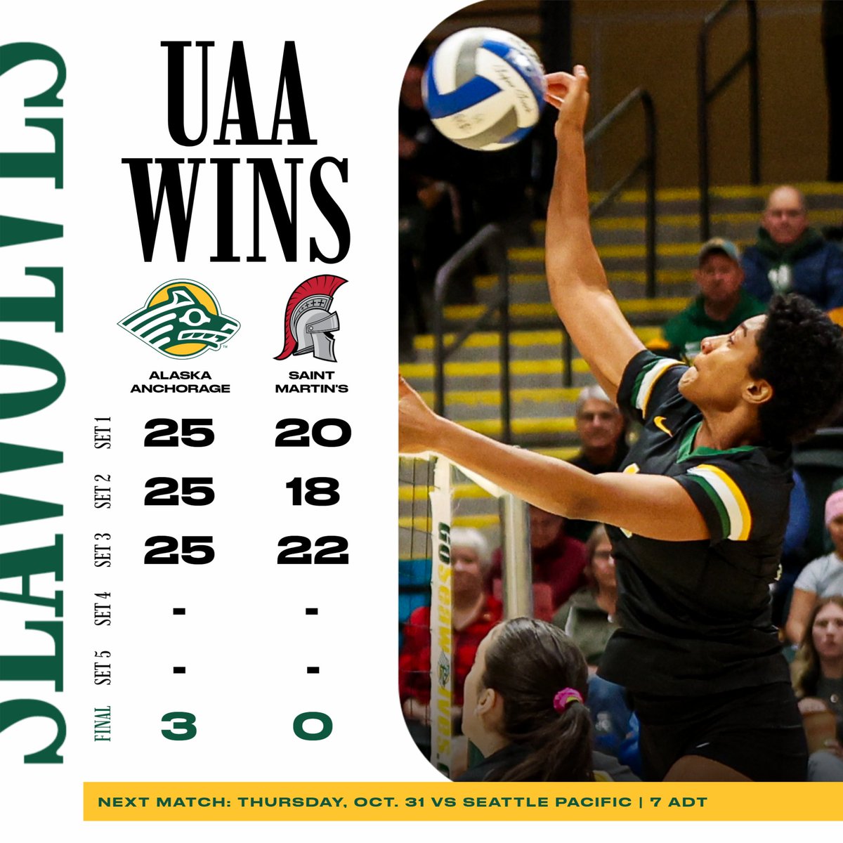 Leilani Elder smacks 10 kills on career-best .750 hitting and UAA records its best hitting pct since 2019 in a Saturday road sweep of Saint Martin's. See you Halloween night against SPU at the Alaska Airlines Center.
